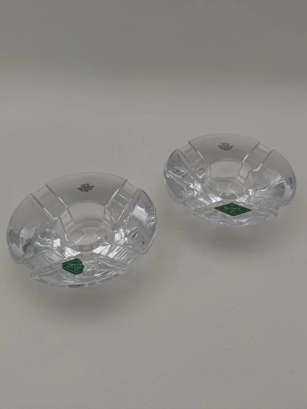 Vintage MCM Irish Shannon Crystal Clear Round Votive Candle Holder Pair, MINT